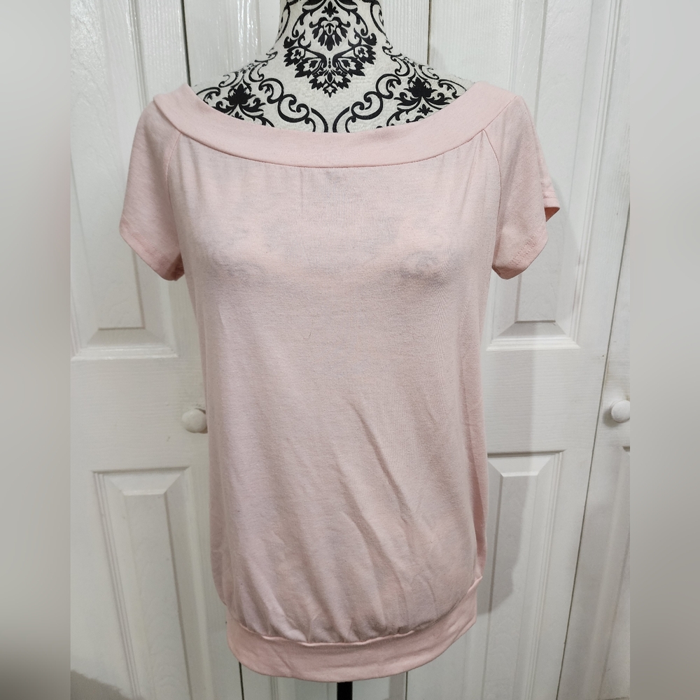 Halife Pink Wide Neck Stretch Short Sleeve Pullover Top